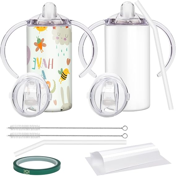 Süblimasyon Sippy Kupa Kulplu Boş, 340 ml Paslanmaz çelik Damlatma Bardakları, Pipetli ve Kapaklı Çocuk Bardakları Dökülmeye Dayanıklı Çift Duvarlı Vakum Kapları Çocuklar için (2'li Paket)