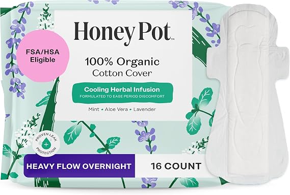 e Honey Pot Company - Organic Cotton Cover, Herbal Overnight Heavy Flow Pads with Wings - 16 ct.