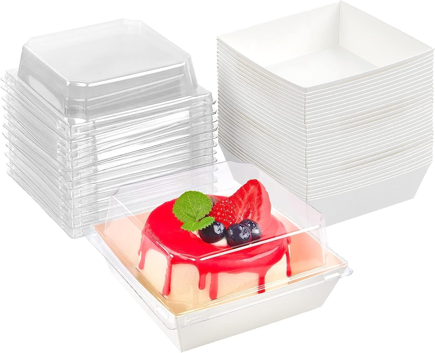 50Pcs Cake Slice Boxes with Clear Lids, 12CM Oil-Proof Paper Charcuterie Boxes Dessert Boxes Food Containers Cupcake Boxes Takeaway Boxes for Bakery Macaron Sandwich Cookies White