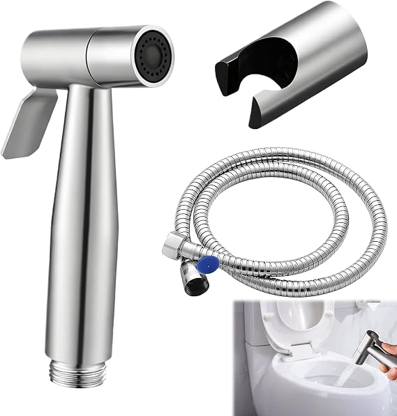 Stainless Steel Toilet Bidet Sprayer Set,Jet Spray for Toilet,Hand Held Douche Spray with 1.5m Hose, Valve Adapter & Wall Mounted Sprayer Holder for Personal Hygiene and Cleaning