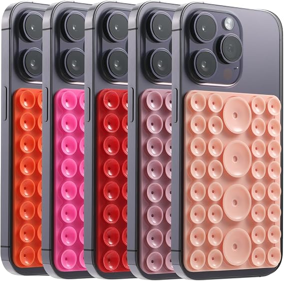 シリコン吸盤式携帯電話ケースマウント5個パック 強力な粘着性携帯電話粘着グリップ iPhoneとAndroid用 ハンズフリー携帯電話アクセサリーホルダー 自撮りやビデオ用 レッド + ピンク + ホットピンク + オレンジ + パープル