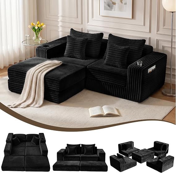 L Shaped Modular Sectional Sofa, Black Convertible Cloud Boneless Couch