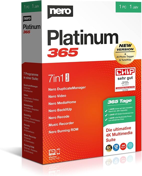 Nero Platinum 365 | All-in-One Multimedia Suite | Video Editing 4K/8K | Photo AI Organising | Music & Media Tools | Convert & Burn | Backup & PC Optimisation | 1 Year License | 1 PC | Win 11/10/8/7