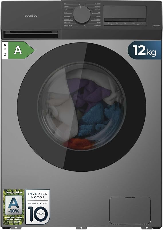 Cecotec Washing Machine Front Load 12 kg Bolero DressCode 12450 Inverter Steel, 1400 rpm, 16 programs, Class A-20%, Inverter Plus Motor, Allergy Care, Pearl Drum, Silence Function, Stop&Go, KidLock, Steel [Energy Class A]