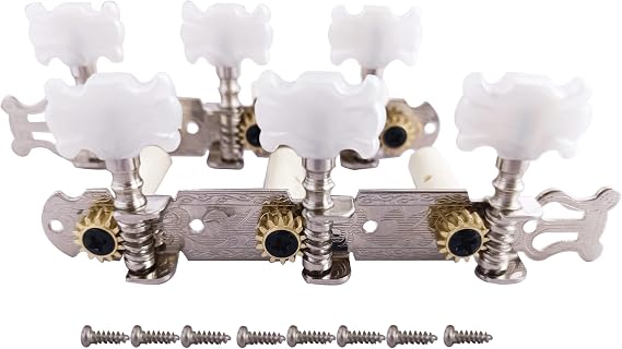 Pro 3 On A Plate Classical Guitar String Machine Heads Tuning Pegs Keys Tuners Set, Oval Button Nickel