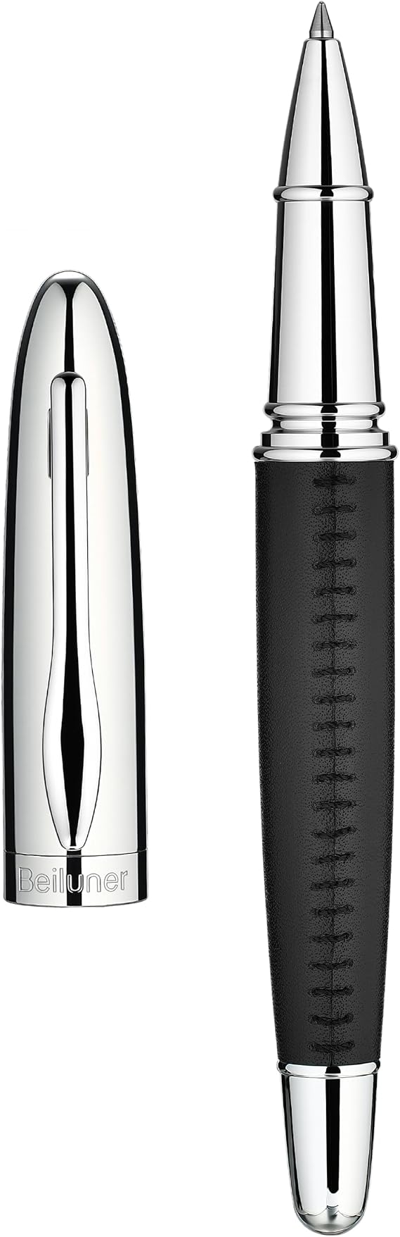 BEILUNER 318 Luxury Leather Rollerball Pen, Hand-Stitched Premium Leather & Chrome-Plated Finish, Schmidt Ink Refill, Best Executive Gift Set for Men & Women, Refillable Writing Pen - Black