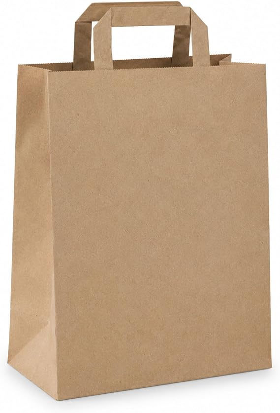 PACKY - Paper Bags Brown 22 x 28 x 10 cm - Flat Handle - Pack of 25