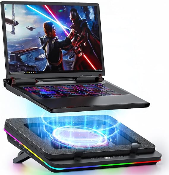 IETS GT600 RGB Laptop Cooling Pad, Laptop Cooling Pad with Huge Turbo Fan 14cm Diameter Rapid Cooling Gaming, Sealed Foam, Laptop Cooler with 3-Port USB Hub and 7-Color LED Backlight, Dust Filter
