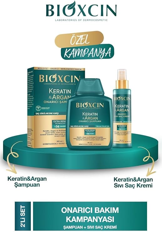 Bioxcin Keratin & Argan Onarıcı Şampuan 300Ml + Kertin Argan Sıvı Saç Bakım Kremi