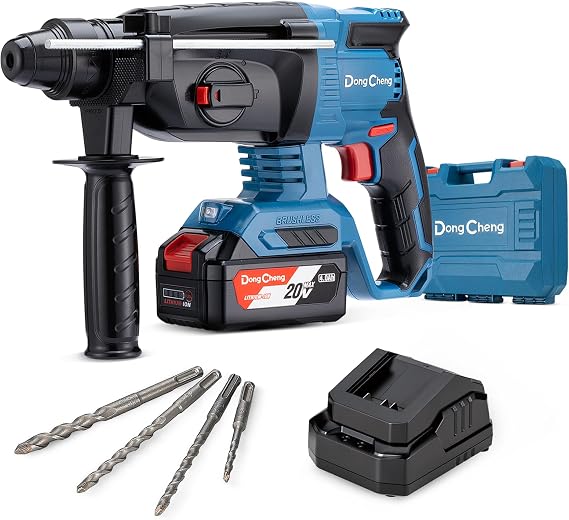 Dong Cheng 20V MAX SDS-Plus 2.8J Cordless Brushless Rotary Hammer Drill with Safety Clutch, 4 Functions, LED Light with Vibration Control, 4 Drills & Carry Bag