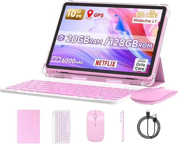 DIGITHINK Tablet PC 10 inch Android 15.0, Android Tablets, DDR4 4GB RAM+16GB Extend 20GB ROM 2MP+8MP Dual Camera, 2.4G+5G WiFi, Bluetooth 1TB Expand 10 in IPS Tab (Pink+Keyboard)
