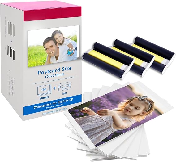 LCL Compatible with Canon Selphy CP1500 CP1300 CP1000 CP1200 CP910 Ink Photo Paper Set, 100 x 148 mm 108 Sheets of Paper and 3 Colour Ink Cassette, for Canon Selphy KP-108IN CP810