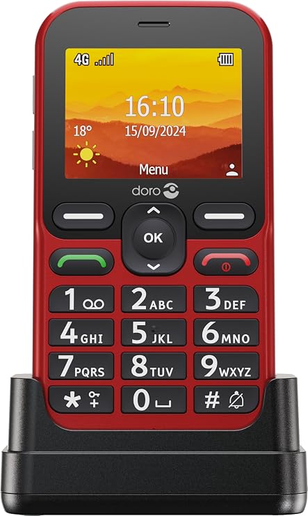 Doro - Leva L10 - 契約なしのシニア携帯電話 - 大型ランドスケープディスプレイ - パワフルなサウンド - カメラ - GPS付き緊急ボタン - 充電ステーション付き - レッド