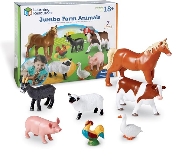 Learning Resources Jumbo Farm Animals, 7-Piece Animal Figures, Ages 18mhs+