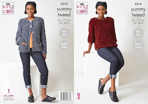 King Cole Knitting Pattern Easy Knit Ladies Soft Yummy Tweed Sweater & Cardigan (6316)