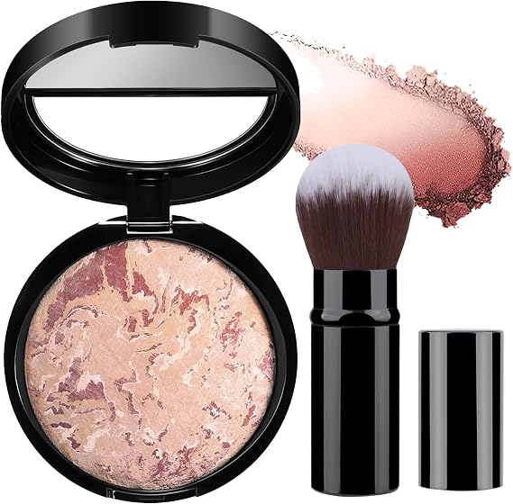 Colour Correcting Powder Foundation with Brush, Baked Foundation for Mature Skin, Brighten Illuminating Color Correcting foundation, Full Coverage, Long-Lasting 24H Wear,Oil-Control (#04)