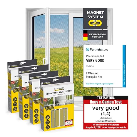 EASYmaxx Fly Screen for Windows with Magic Click | Mosquito net can be Cut to Size for All Windows up to 150x130 cm | Easy Installation with 12 Magnets - no Drilling or screwing [4 Pieces]