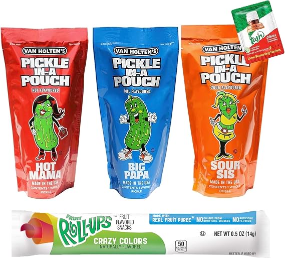 Van Holten’s Pickle-In-A-Pouch Assorted Pack 306g – Sour Sis, Hot Mama & Big Papa – Juicy, Bold & Tangy American Style Pickles with Fruit Roll & Lime Seasoning - Unique Taste vs Standard Gherkins