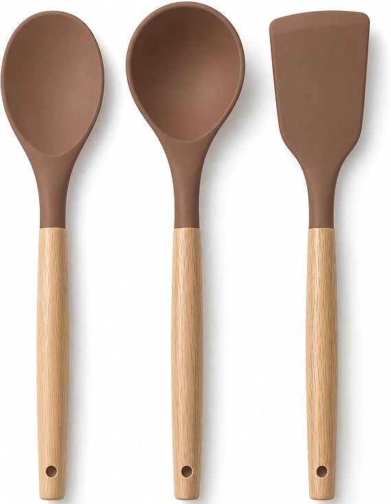 Promosyonca 3’lü Silikon Mutfak Gereçleri Seti, Ahşap Saplı Silikon Kaşık Kepçe Spatula Seti, Yemek Pişirme ve Servis Seti, Sütlü Kahve
