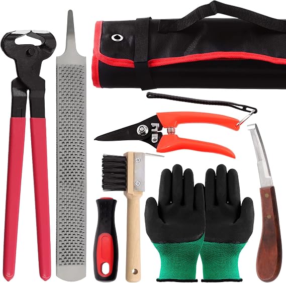 Keadic 8Pcs Professional Farrier Tools Value Kit with Roll Pack, Horses Hoof Trimmers Shears Tools, Hoof Cutter, Farrier Rasp File and Rubber Handle, Hoof Nipper, Horseshoe Brush, Hoof Knife