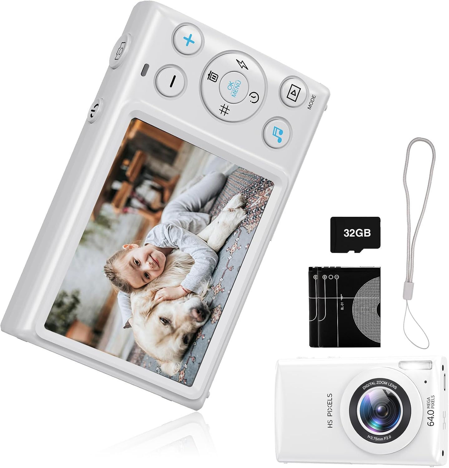 Digital Camera, Digital Camera, 64 Megapixels, 4K Video Recording, Autofocus, Close-up Photography, 2.8 Inch Large Screen, Spare Battery, Lightweight, School Trips, Students, Beginners, Set, 32 GB