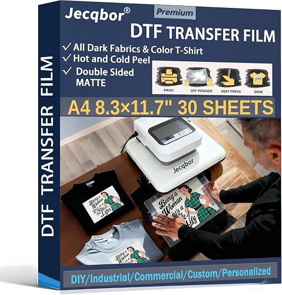 DTF Transfer Film Paper 11.7"x16.5" A3 30 Sheets for All DTF Printer&Dark Fabric, Photo Direct to Film Transfer Paper Sheets, Clear PET Heat Transfer Printable Paper for DIY Custom T-Shirts Textile