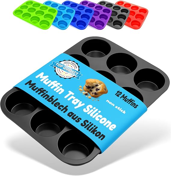 Muffin Mould, Silicone, 33 x 25 x 3 cm, 12 Muffins, Non-Stick Coating, Cupcake Brownie Pudding Latta Muffin Tray for Baking Muffins Black