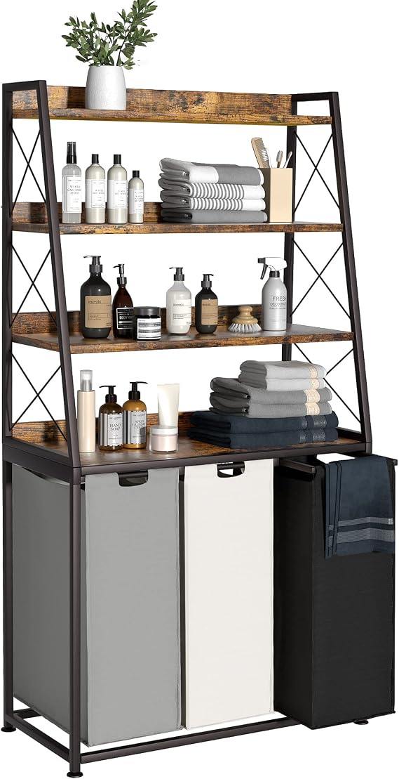 Herture 180L Laundry Basket 3 Compartments, Laundry Hamper with 4 Tiers Shelf, Laundry Sorter with 3 Large Pull-Out Removable Laundry Bags, 3 x 60L, for Bathroom Utility Room, Rustic Brown PF05XLN