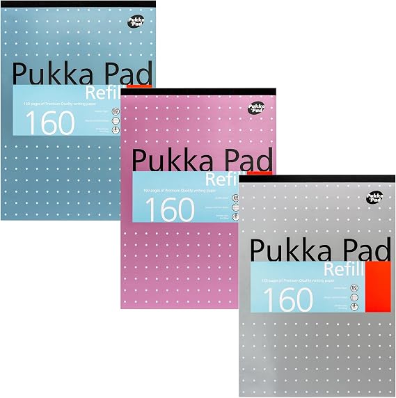 Pukka Pad, A4 Refill Notepad – 160 Pages of Premium Quality Writing Paper-80GSM, with Feint Ruled 8mm Lines and Margin–Tape Head Bound with 4-Holepunch –29.7 x 21cm –Pack of 3 Assorted