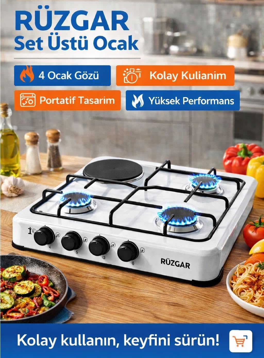 RÜZGAR Set Üstü Ocak – 4 Gözlü (1 Taşlı) Beyaz