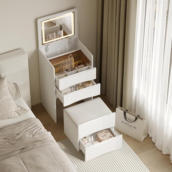 Dressing Table with Flip Top Mirror and LED Lights, 2-in-1 Small Makeup Table with 3 Drawers & Cushioned Stool, Compact Vanity Desk Set for Bedroom Small Spaces, White