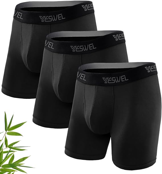 YESWEL Mens Bamboo Boxers, Longer Leg Boxer Shorts with Fly, Anti - Chafing Underwear Trunks, No Itchy Labels Underpants