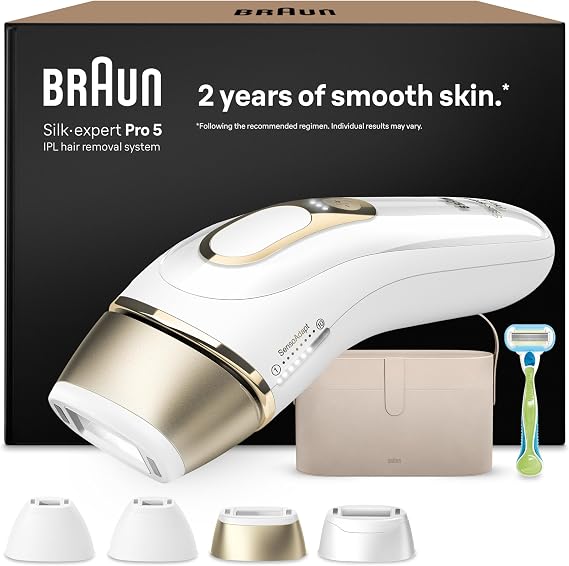 Braun Silk-Expert Pro 5 Pulsed Light, Home Hair Removal, Alternative to Laser Hair Removal, IPL Epilator with Case, Venus Razor, 4 Heads for Face and Body, White/Gold, PL5342