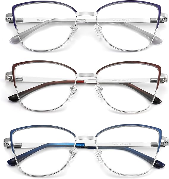 MODFANS 3-Pack Reading Glasses Women (Blue Light Blocking) Metal Frame Stainless Steel Material Readers Glasses Red Purple Blue