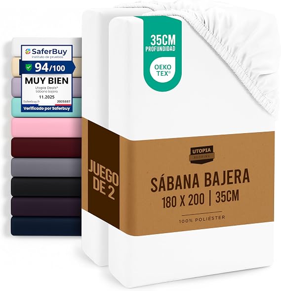 Utopia Bedding Set of 2 Fitted Sheet 180 x 200 cm – White – Oeko Tex Certified – Deep Pocket – Brushed Microfiber (180 Bed)