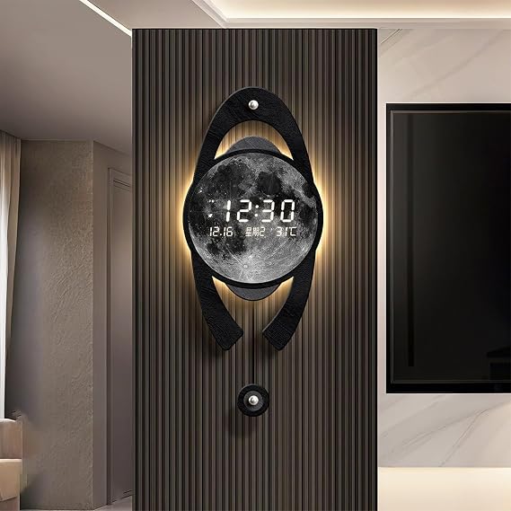 3D Moon Wall Art Decor Clock with LED Digital Display, Modern Silent Decorative Wall Clock, Wabi-Sabi Aesthetic Pendulum Wall Sculpture for Living Room Entrance Office(Black,31 * 72cm)