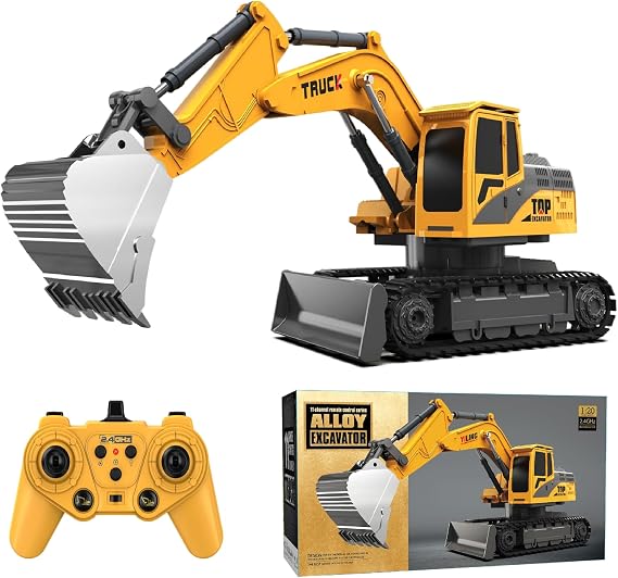 Remote Control Excavator Toys for Boys, 2 in 1 RC Digger Tractor with Bulldozer, 2.4Ghz Construction Vehicles Toys Car with Light Music for Boys 3 4 5 6 7 8-12 Year Old Kids