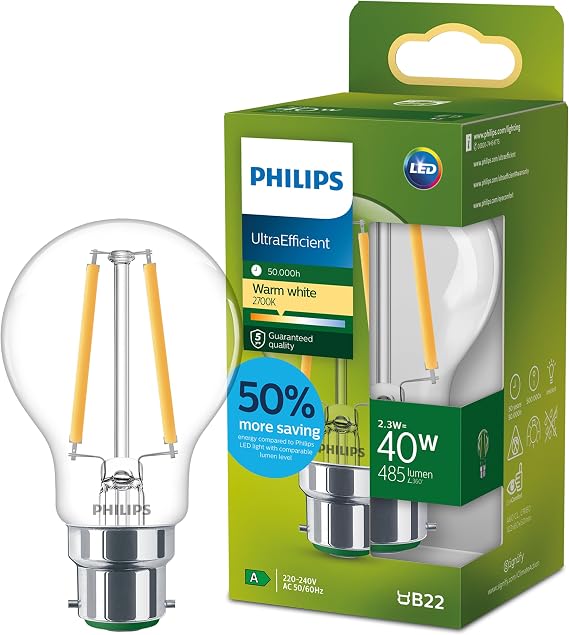 Philips Ultra Efficient - Ultra energy saving lights, LED light source, 40W, A60, B22 Warm White 2700 kelvin clear [Energy Class A]