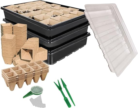 WY8 Seed Trays Starter Kit, Include 100 Biodegradable Pots for Seedlings, 3 Plastic Growing Trays with 3 Crystal Lids, 50 Plant Labels and 3 Plant Tools All you need for Outdoor Indoor Gardening