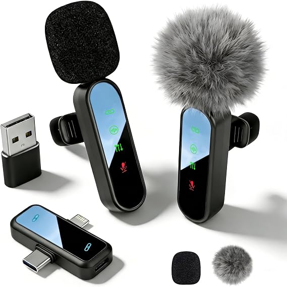 Microfono Lavalier Wireless per iPad e Smartphone Android-Mini Microfono per Registrazione Video,TikTok,Vlogging e YouTube-Cancellazione del Rumore-Clip Plug-and-Play(Confezione da 2)
