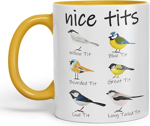 Vixar Beautiful Tits, Willow Tit, Blue Tit, Bearded Tit, Great Tit, Fir Tit, Tail Tit, Sarcastic Joke, Coloured Ceramic Mug for Hot Tea, Coffee, 330 ml, 11 oz (G Yellow)