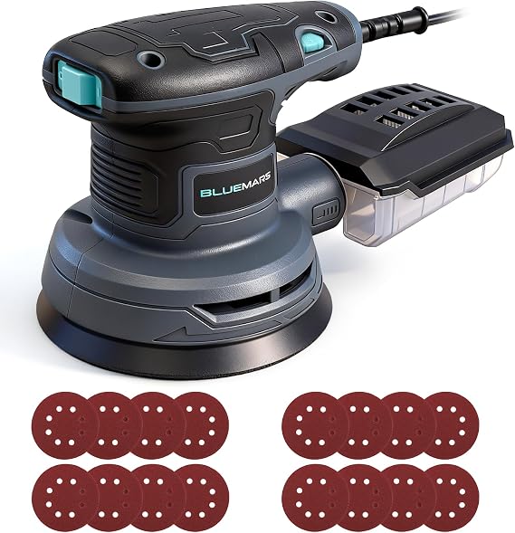Bluemars 320W Random Orbit Sander,6 Variable Speeds (8000-13000RPM),16Pcs Sandpapers,125mm Sanding Pad, Mini Electric Sander