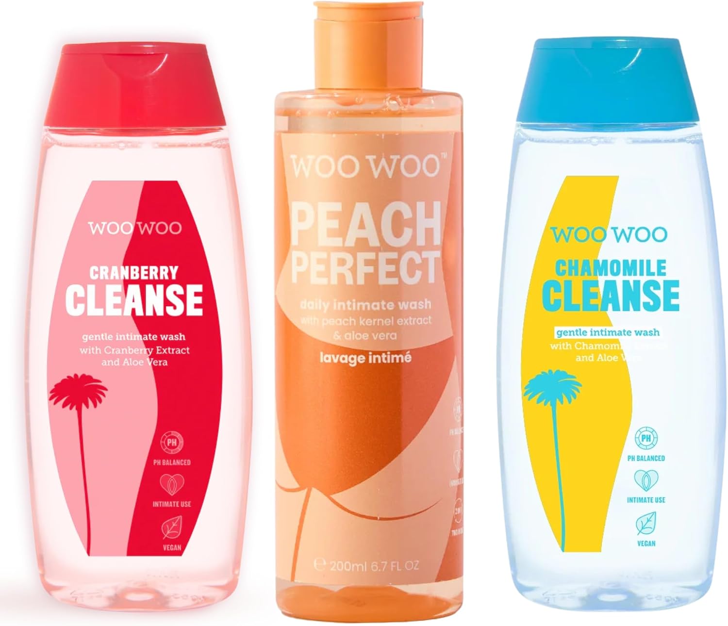 WooWoo Intimate Body Wash Bundle - Peach Perfect, Cranberry Cleanse & Chamomile Cleanse - pH Balanced, Vegan & Gentle Daily Body Wash with Aloe Vera - 3 x 200ml