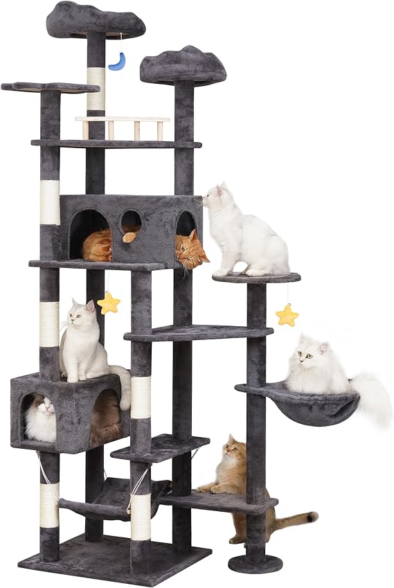 Meecal Cat Tree, 79in Large Tower for Multiple Indoor Big Cats, Smoky Gray