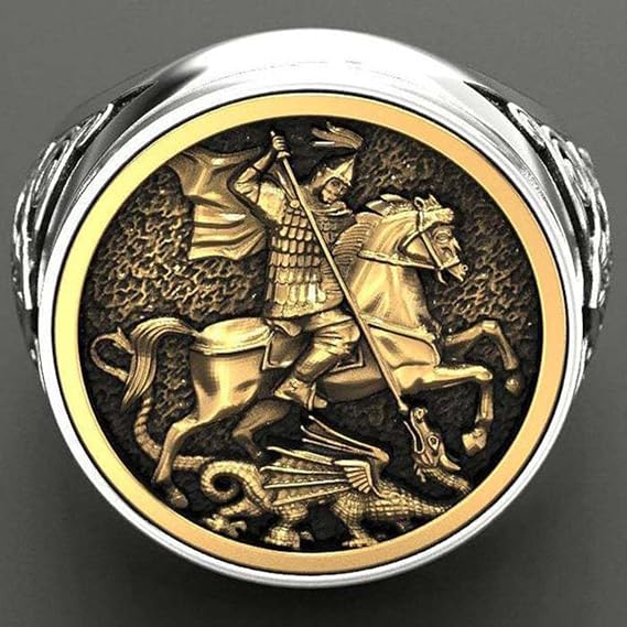 Sovereign Men's Ring St George's Portrait Gold Silver Color Roman Soldier's Dragon Rings for Men Viking Jewelry, 9