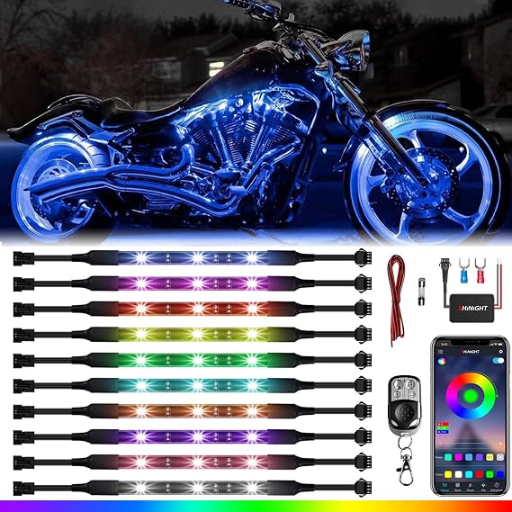 Motorcycle Atmosphere LED Light Strip Kit, BT 10Pcs RGB Neon Accent Glow Lights Flexible Lamp with Wireless Remote Controller for Harley Davidson Honda Kawasaki Suzuki Ducati Polaris KTM BMW