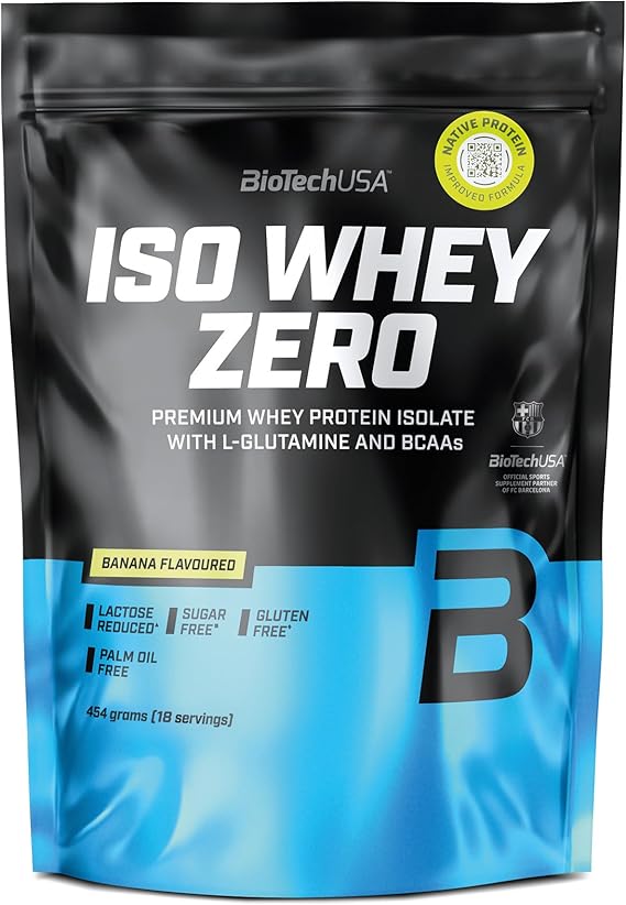 BioTechUSA Iso Whey Zero | Premium Whey Protein Isolate | Grass-Fed | Enzyme-Free | Sugar- and Gluten-Free, 454 g, Banana