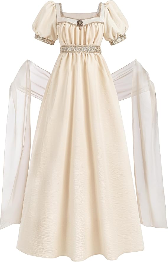Fiamll Regency Kleid Damen Empire Waist Puff Sleeve Dress Jane Austen Kleid Damen mit Schal Teeparty Cocktail Abendkleid S