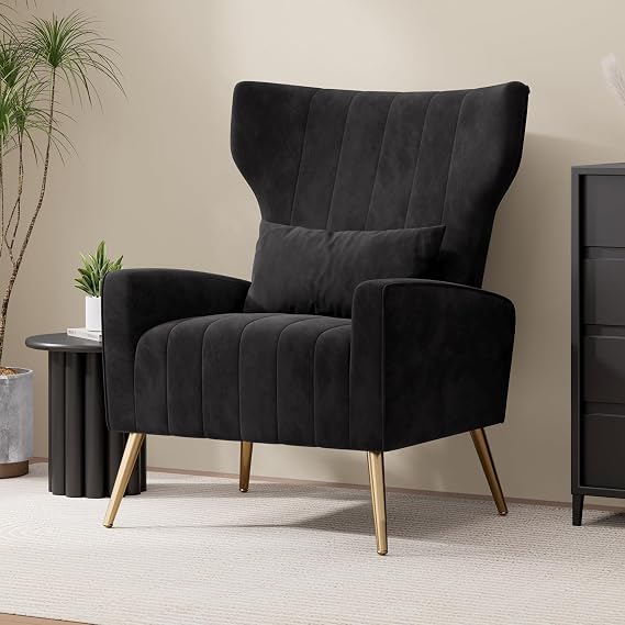 Hawthyhome Velvet Wingback Armchair with Cushion, Black