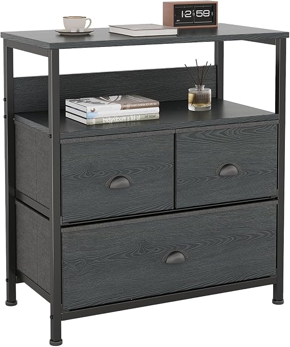 CAIYUN Bedside Table Cabinet with 3 Drawers for Bedroom, Nightstand Sofa Sid with Storage for Living Room, End Table with Metal Frame and Open Shelf, Wooden Nightstand, Black Wood Veins